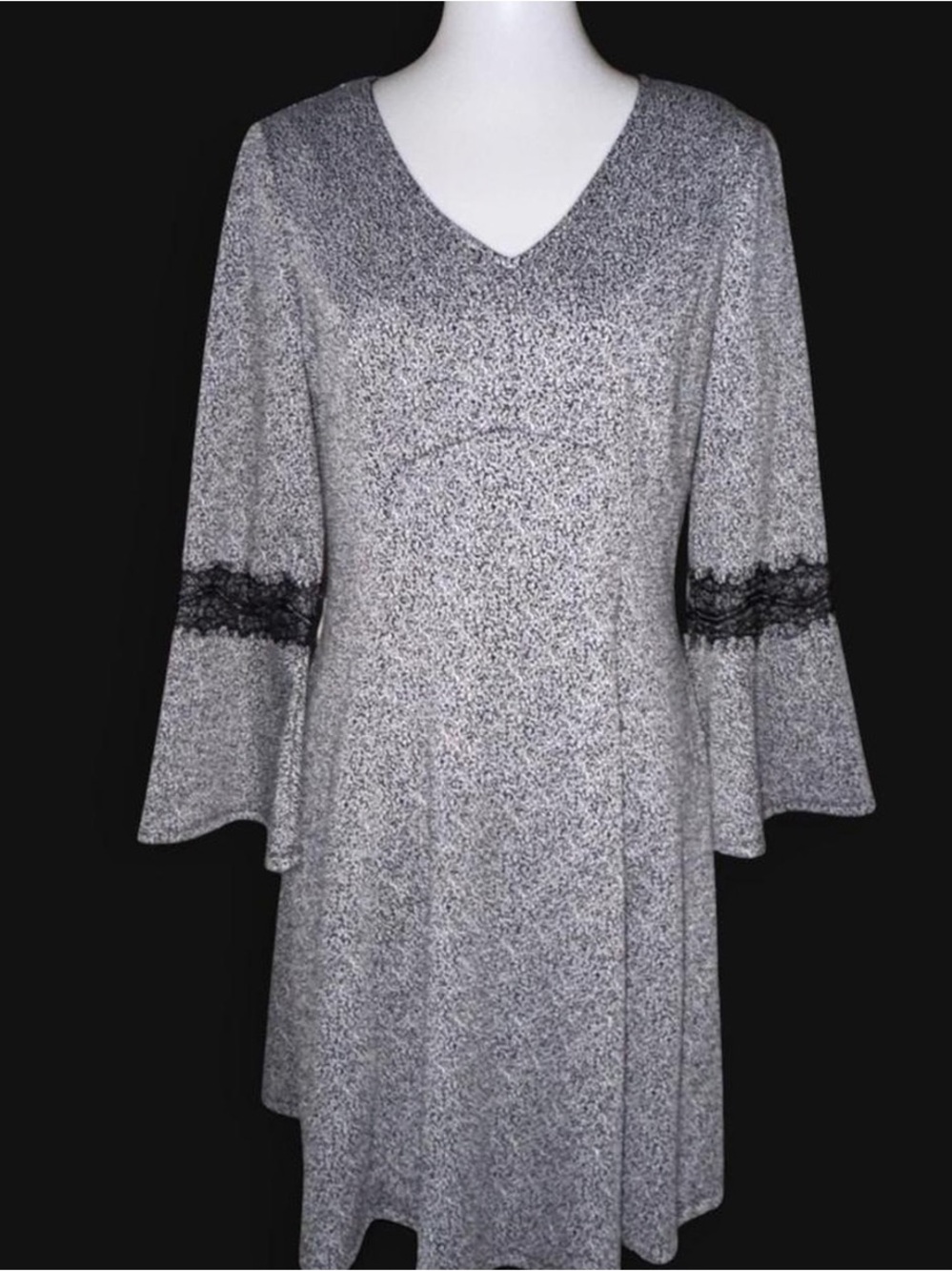 Gray Speckled Bell Sleeve Tunic Dress with Black Lace Trim